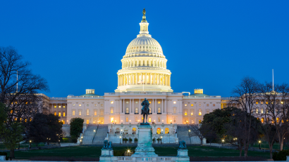 The Capitol building lit up at night