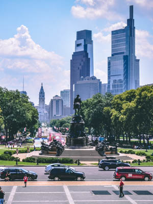 City skyline from steps of a buildling