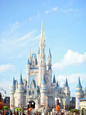 People in front of the Disney World castle