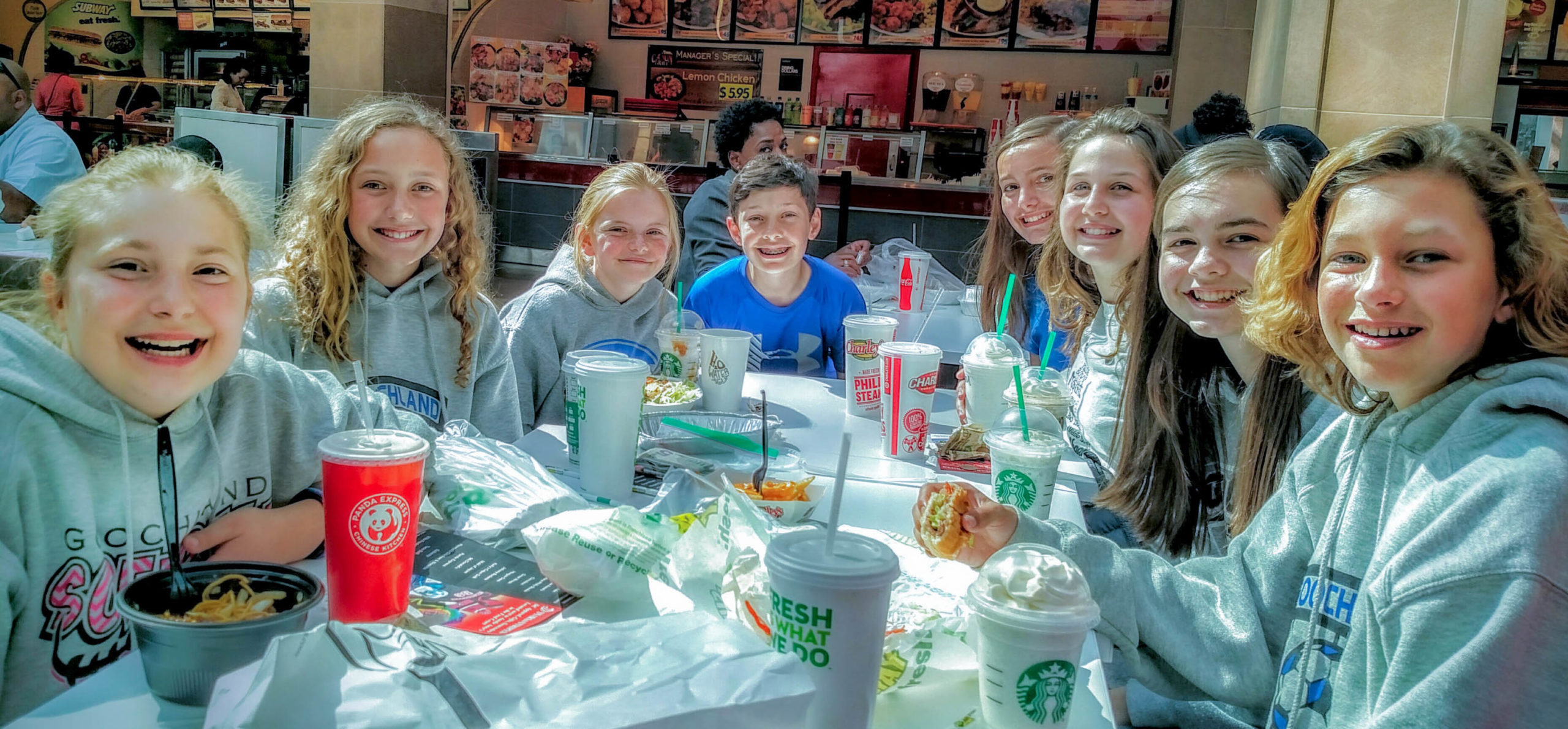 Group of students eating lunch on tour