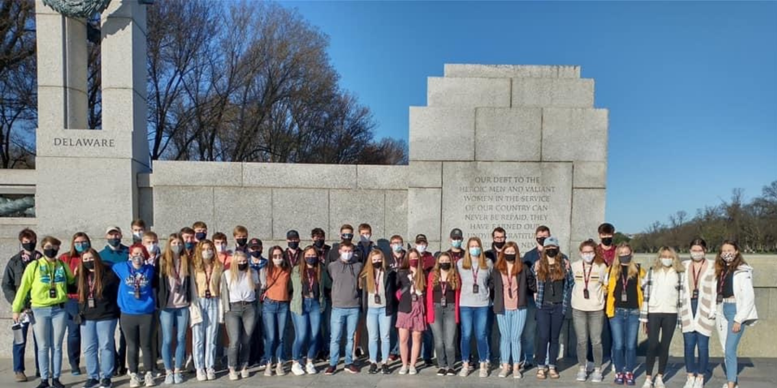 Fully Masked Student Group at WWII Memorial