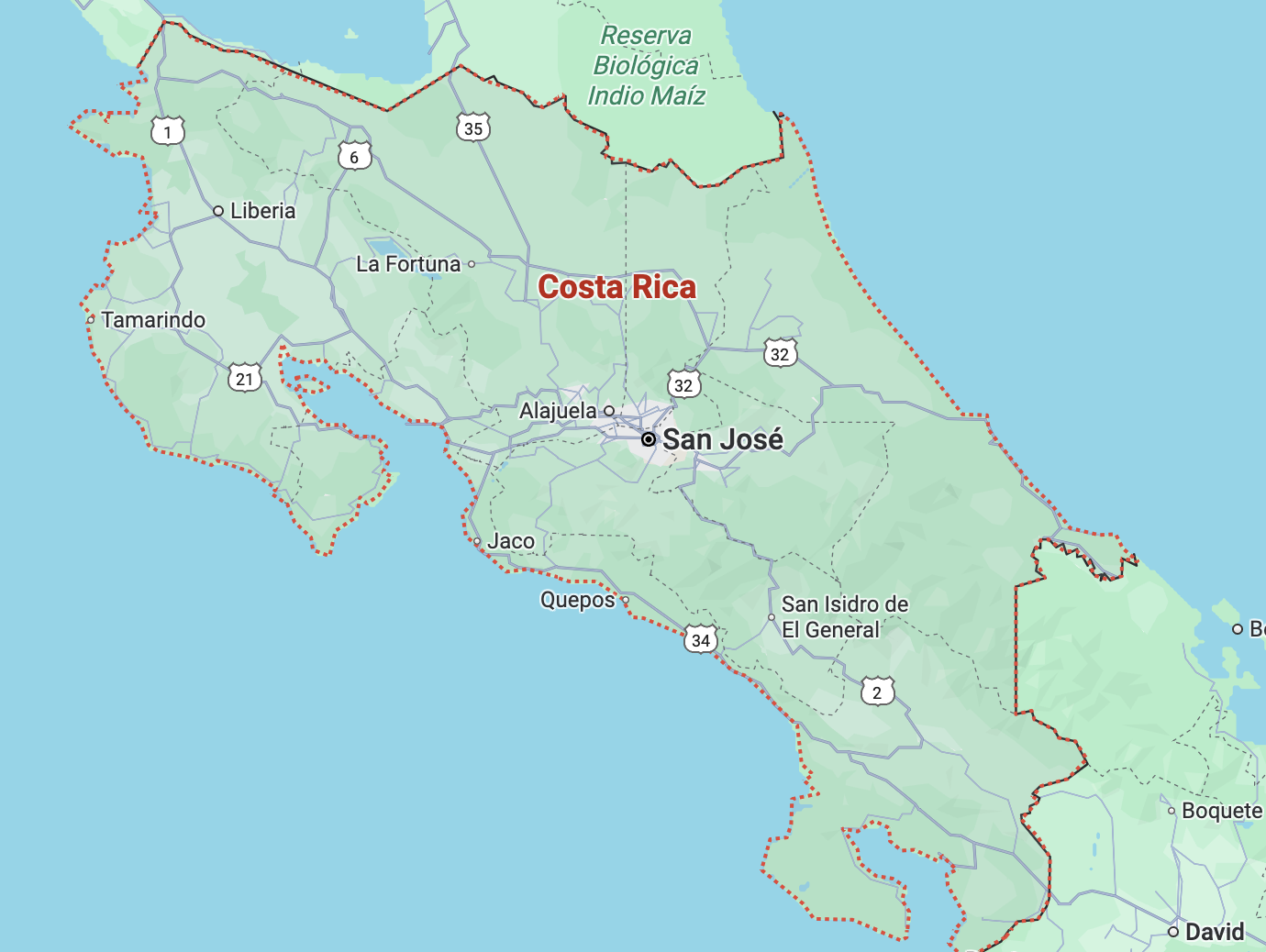 Map of Costa Rica with a red outline