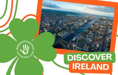 St. Patrick's Day graphic for NationsClassroom featuring an aerial view of Dublin, Ireland and the text 'Discover Ireland.